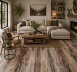 261-1 McAllen Oak 5MM Desertland SPC flooring installed in a cozy living room featuring rustic oak tones and authentic reclaimed wood styling