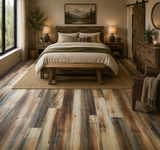 306-8 Makers Oak SPC flooring featured in a warm interior with weathered oak textures and mixed brown and grey wood tones