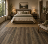6179-1 Creek Oak 5MM Desertland SPC flooring installed in a cozy bedroom featuring natural brown oak tones and authentic wood grain detail