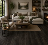 ASX-7336 Brown 5MM Desertland SPC Flooring installed in a contemporary living space featuring elegant dark wood styling