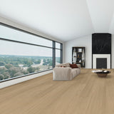 8066-17 Walnut Greek engineered hardwood flooring installed in a modern living room with light walnut wood planks and natural grain texture