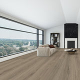 8082-05 Canyon Driftwood engineered hardwood flooring installed in a modern living room with light gray driftwood-look planks and natural wood grain texture