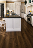 SA148 Dark Chestnut SPC flooring installed in a luxury kitchen with white cabinetry and dark wood flooring