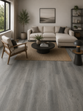 Contemporary living space featuring SA263 Chrome 5MM Desertland SPC flooring with a sleek gray wood-look finish