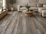 SA267 Riverwood flooring installed in a modern living room featuring rustic gray brown reclaimed wood texture