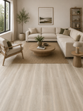 Modern living room showcasing SA567 Blond Oak 5MM Desertland SPC flooring with light oak wood appearance and Scandinavian-inspired design