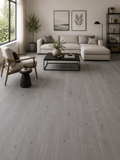 SA89 Beach Sand waterproof SPC flooring featured in a bright interior with soft gray wood tones and realistic oak grain texture